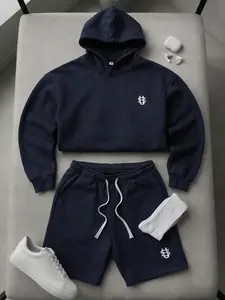 Men's Embroidery Hoodie & Shorts 2 Piece Menswear, Casual Long Sleeve Hooded Sweatshirt, Elastic Waist Shorts, Streetwear Fashion
