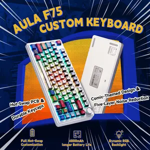 Aula F75 Gasket Mechanical Keyboard 75 Layout Wireless Hot Swappable Five Layer Padding Knob Bluetooth 24GHz USBC RGB Lights Perfect for Gaming
