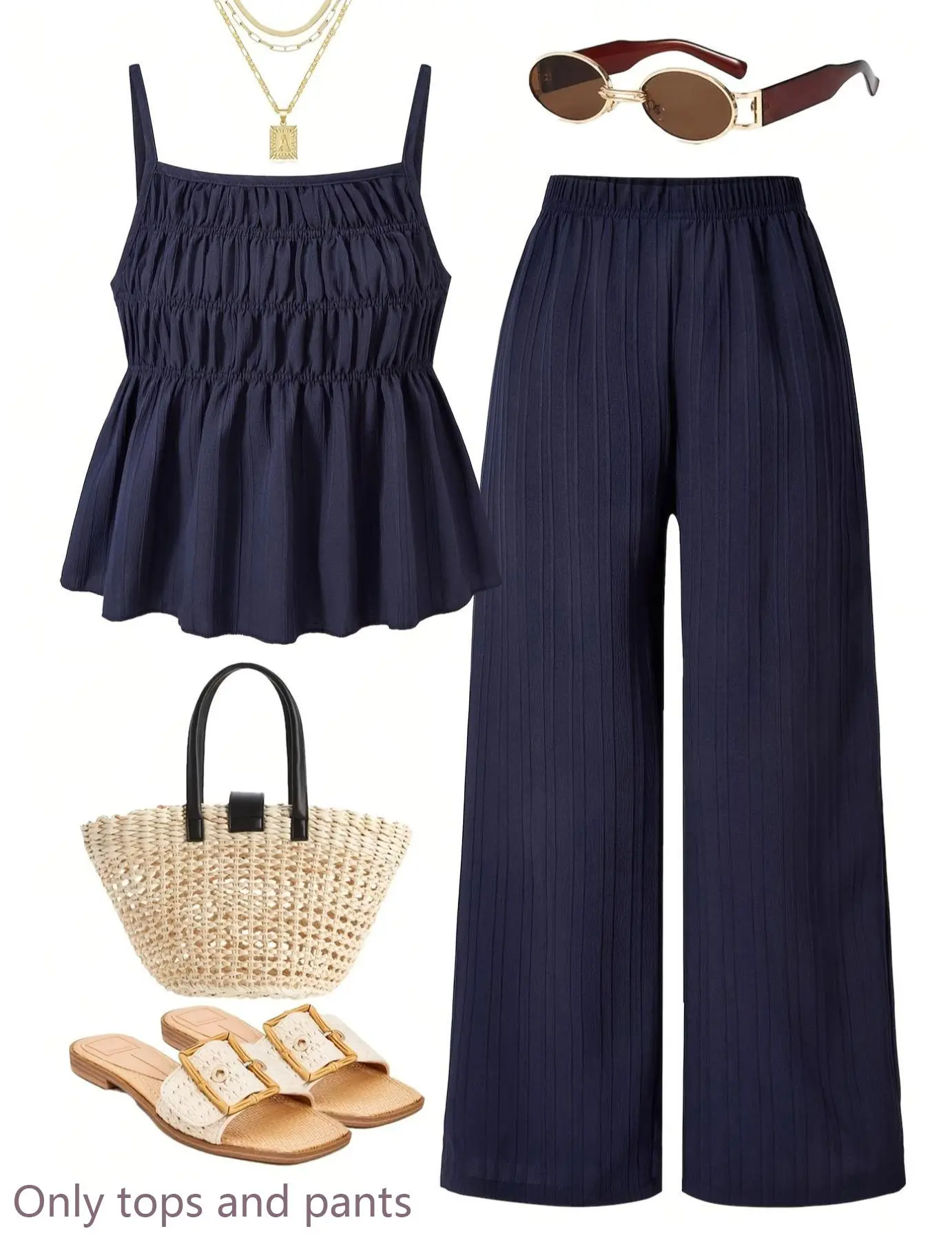 Women's Plisse 2 Piece Set Smocked Cami Peplum Top and High Waist Wide Leg Pants Casual Summer Outfit
