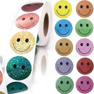 Glitter Face Sticker Label, 1 Roll 10 Colors Smile Sticker Label, Waterproof Paper Label for Classroom, Teacher Supplies, Party Gift, Emoji Stickers