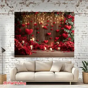 1PC,2D Flat Valentine's Day Romantic Love Rose Backdrop, Wedding Proposal Confession Party Decor Hanging Cloth, Wooden Wall Floral Love Scene Decoration Curtain, Photography Background Prop