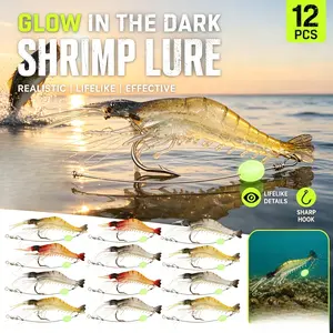 Soft Shrimp Lures Fishing, Saltwater Luminous Shrimp Bait Set with Sharp Hooks, Lifelike Fishing Lures for Freshwater Saltwater Trout Bass Salmon Crappie Walleye Pike Perch, TikTok Fishing Gear