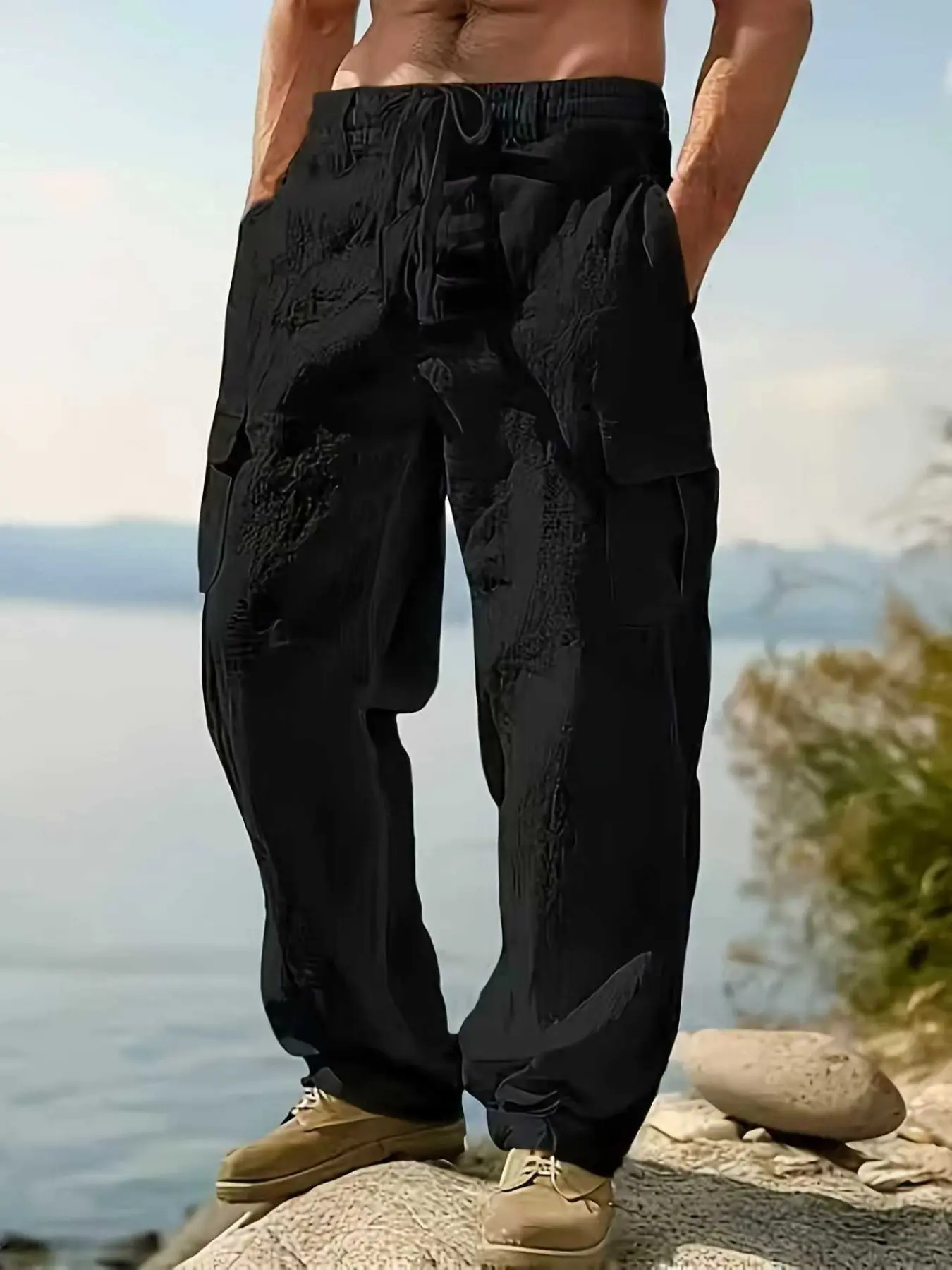 Men's Linen Cargo Pants with Drawstring, Multi-Pocket Straight Leg Casual Long Pants, Breathable Outdoor Beach Wear, Chic Boho Trousers, All Season Trousers, Casual Pocket Adjustable
