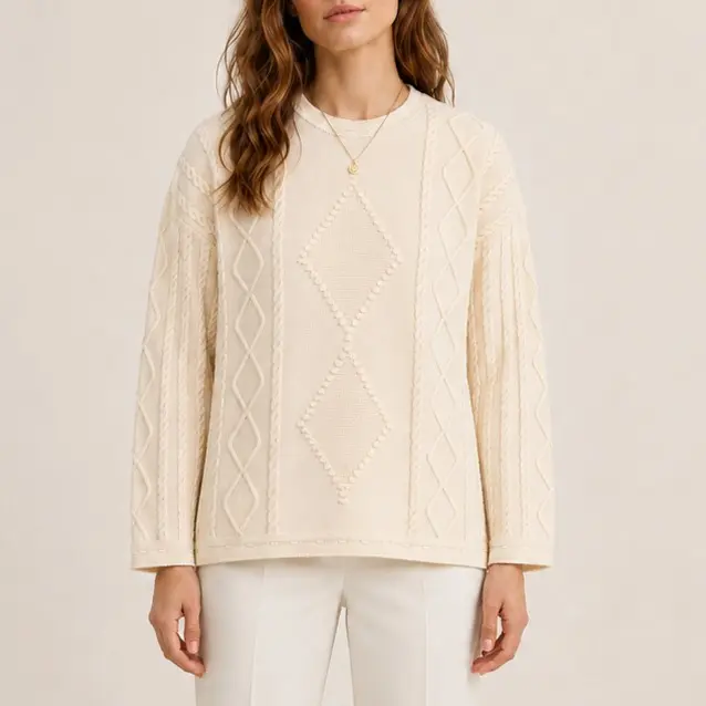 Women's Loose Soft Comfortable Cream-Colored Diamond Cable Knit Round-Neck Pullover Sweater for Autumn and Winter Fashion