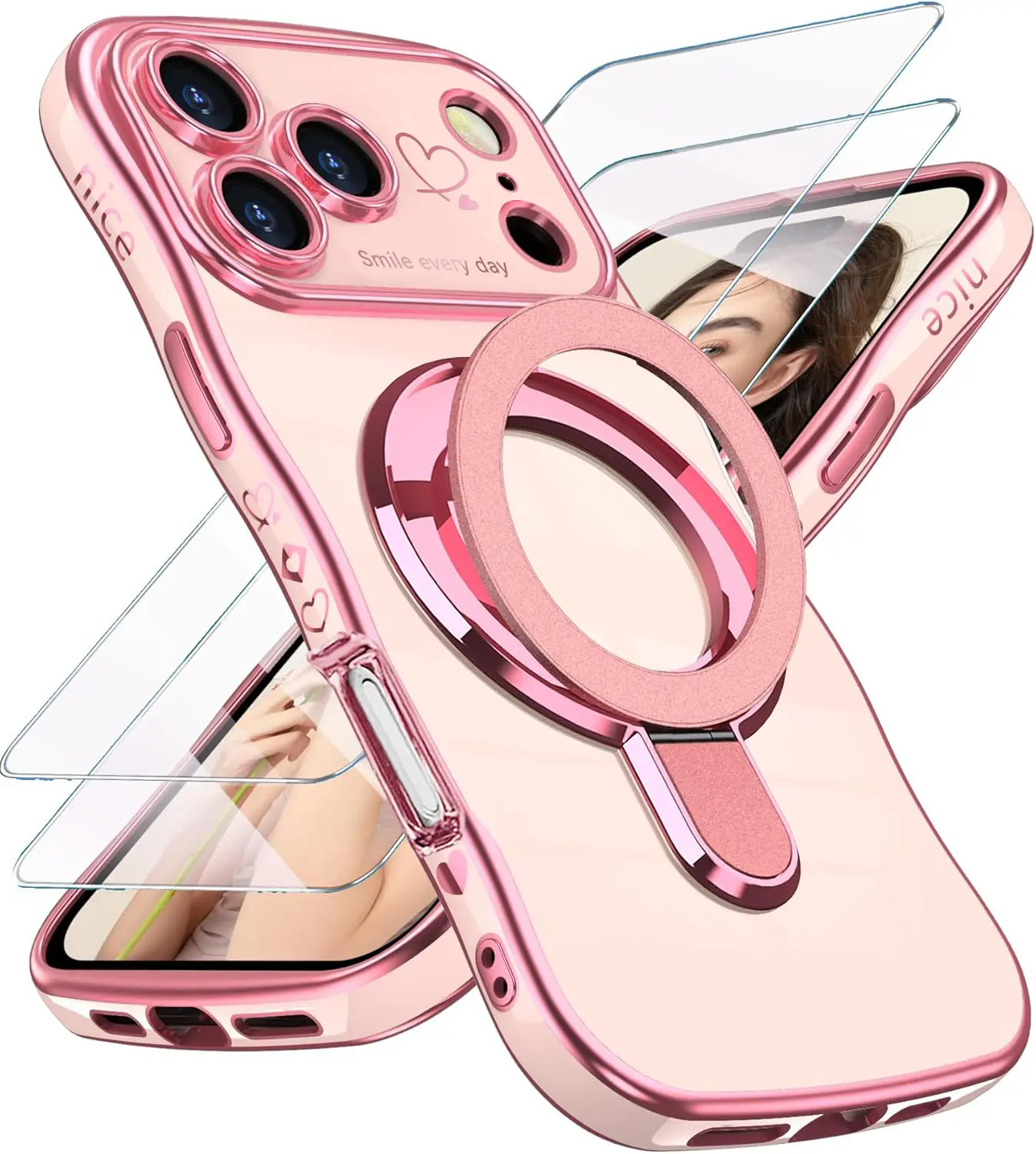 Wavy Protective Phone Aesthetic Casing with Kickstand, 2X Screen Protector, Luxury Gold-Plated Edge, Slim Soft TPU Shockproof Cover, Full Camera Protection for iPhone 17 Pro(Pink) - Mobile Phone Accessory