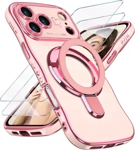 for iPhone 17 pro Love Heart Kickstand Case with 2X Screen Protector: Luxury Plated Gold Edge Slim Soft TPU Shockproof Protection Case Cover for iPhone 17 pro Max (Pink)