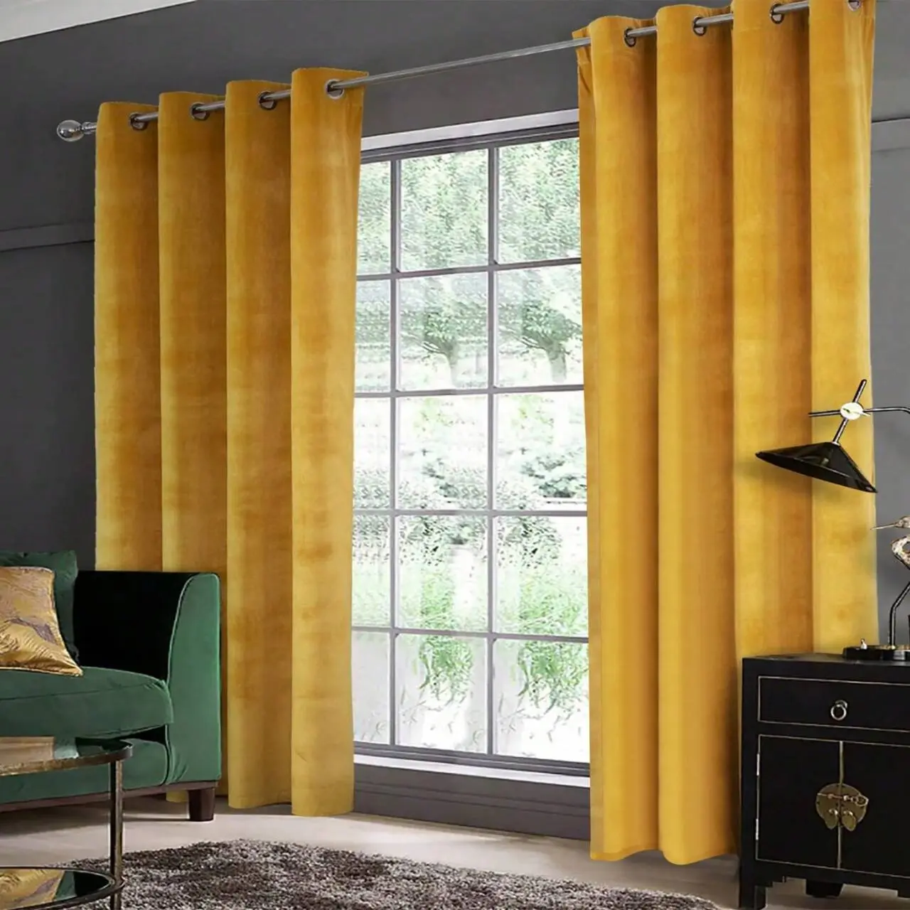 1pc Luxury Mustard Yellow Velvet Blackout Curtains, Curtain For Windows, Grommet Top, High Density Heavy Fabric, Maximum Light Blocking, Ideal for Living Room & Bedroom, Vintage Home Decor