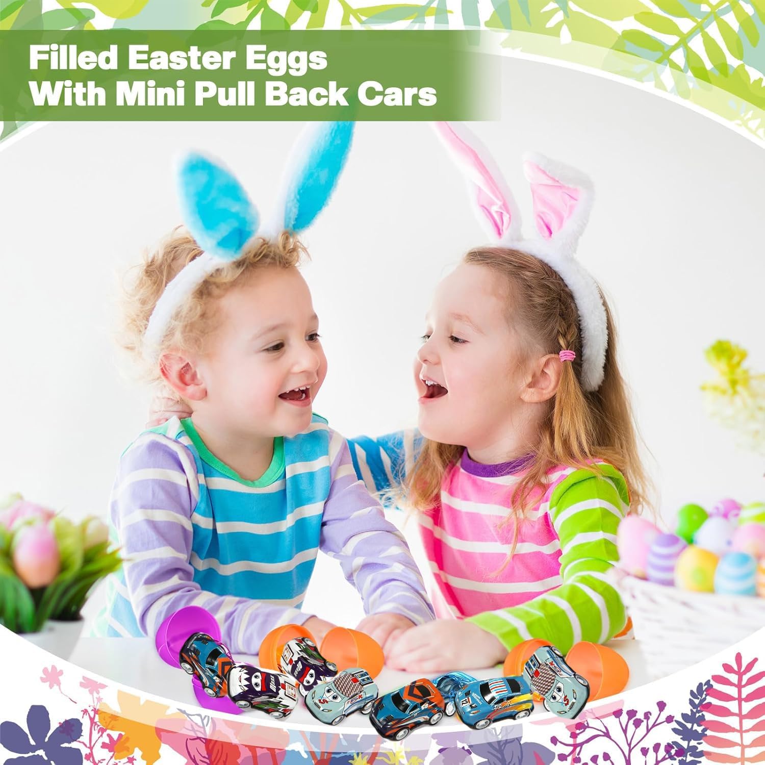 24PCS Easter Eggs with Pullback Cars – Colorful Plastic Eggs for Easter Egg Hunt, Party Favors, Basket Fillers for Kids Boys & Girls
