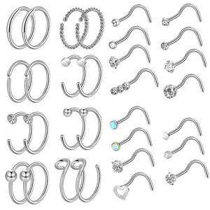 OIDEA 20G 316L Stainless Steel Dainty Piercing Jewelry Set, 31PCS Nose Ring Hoops with Cubic Zirconia, Rhinestone, Imitation Diamond & Opal Curved C-Shape Body Piercings
