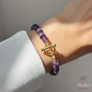 Minimalist Amethyst Bracelet with Classic Toggle Clasp, Purple Gemstone Bracelet, Healing Crystal Beaded Bracelet, Carnelian Jewelry