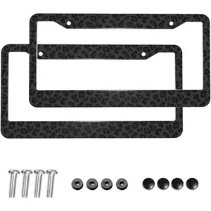 Black Leopard Print License Plate Frame - 2 Pack Black Cheetah Licnese Plate Frames Aluminum Metal Novelty Auto Car Tag Holder with 2 Holes 12.3" x 6.3"in Equipped with Screws for Women/Men