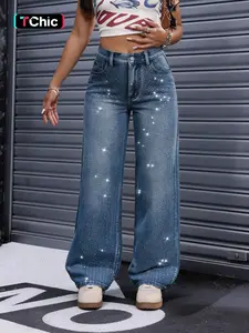Women's Trendy Fashion Aesthetic Rhinestone Design New Elastic Comfortable Versatile Solid Denim Jeans, Elegant Style, All Seasons, Woven Fabric
