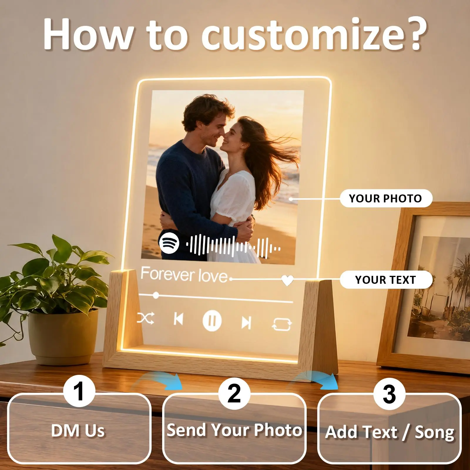 [HKZZ.Made] Custom Spotify Acrylic Music Plaque Photo Frame with Beech Wood Base (4/5/6/8in), UV Printing Acrylic Panel, Warm Natural Grain, Dimmable LED Lighting Modes, Decor for Room Decor, Personalized Gift for Birthday & Housewarming, Memorial Day