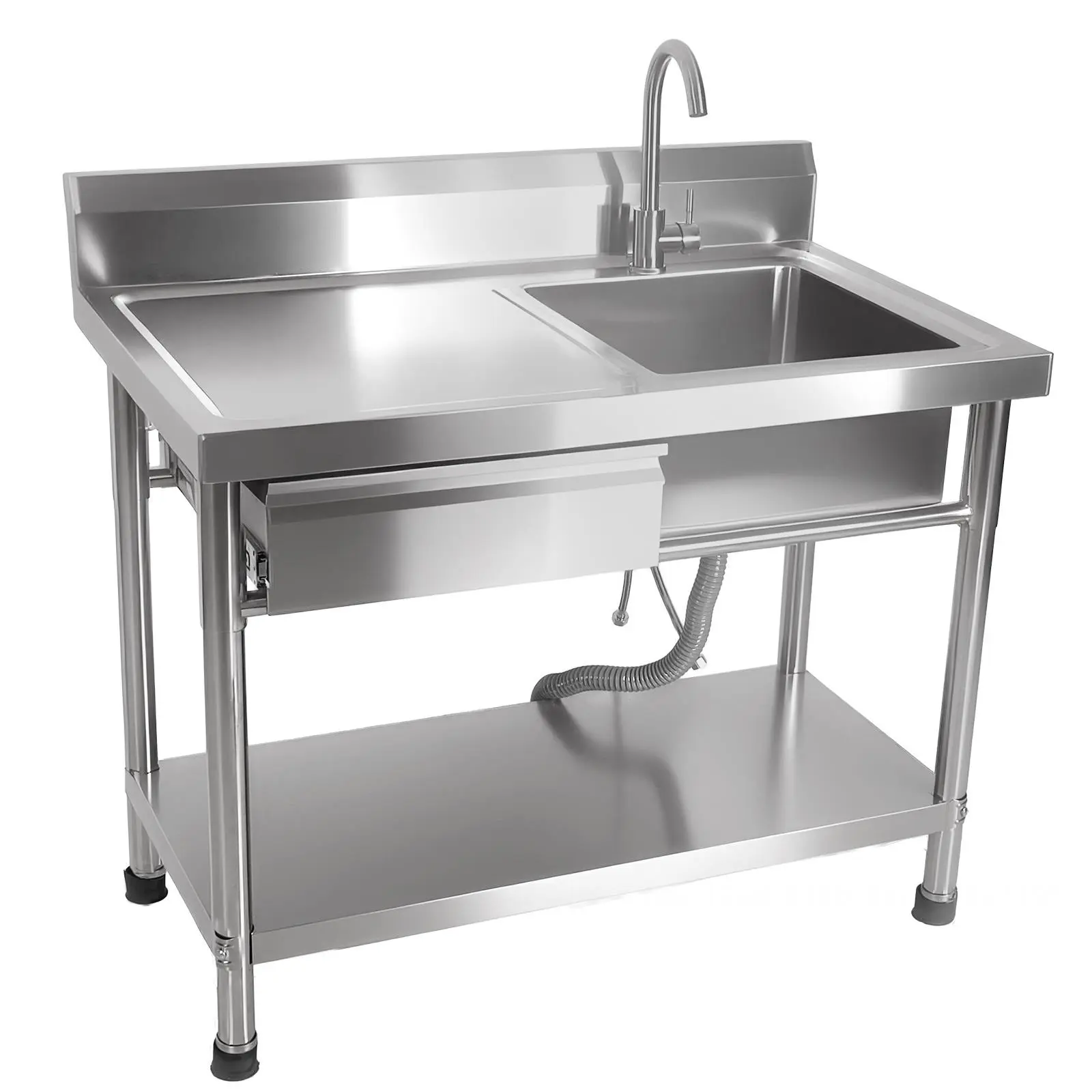 Outdoor Sink Station, Freestanding Single Bowl Workbench with Drawer Storage, 40 Inch W x 30.7 Inch H x 23.65 Inch D Durable Stainless Steel Rectangle Utility Sink, Hot & Cold Water Pipes, 360° Faucet for Laundry Room, Garden, Backyard, Farm Home