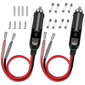 2Pack 1FT 12V Fused Replacement Cigarette Lighter Male Plug Adapter 16AWG Extension Cable with Leads & LED Light