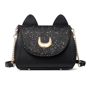 Women Kawaii Anime Handbag Cosplay Gothic Crossbody Cat & Moon Purse Sequin Shoulder Bag