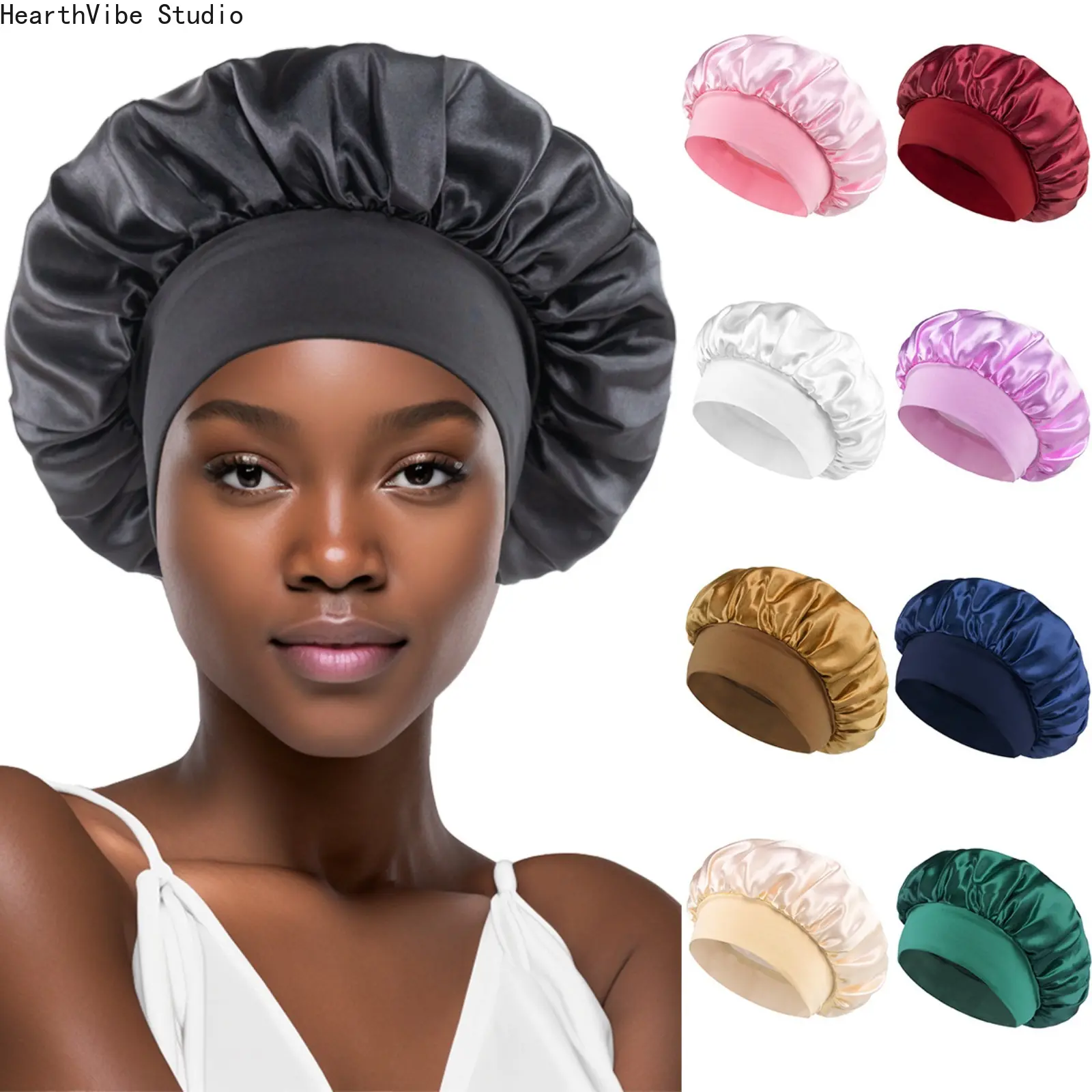 Double-Layer Satin Shower Cap for Women, Modern Minimalist Waterproof & Anti-Frizz Haircare Bonnet, Wide-Brimmed for Salon Styles and Heatless Curls, Beauty Products, Silky, Solid