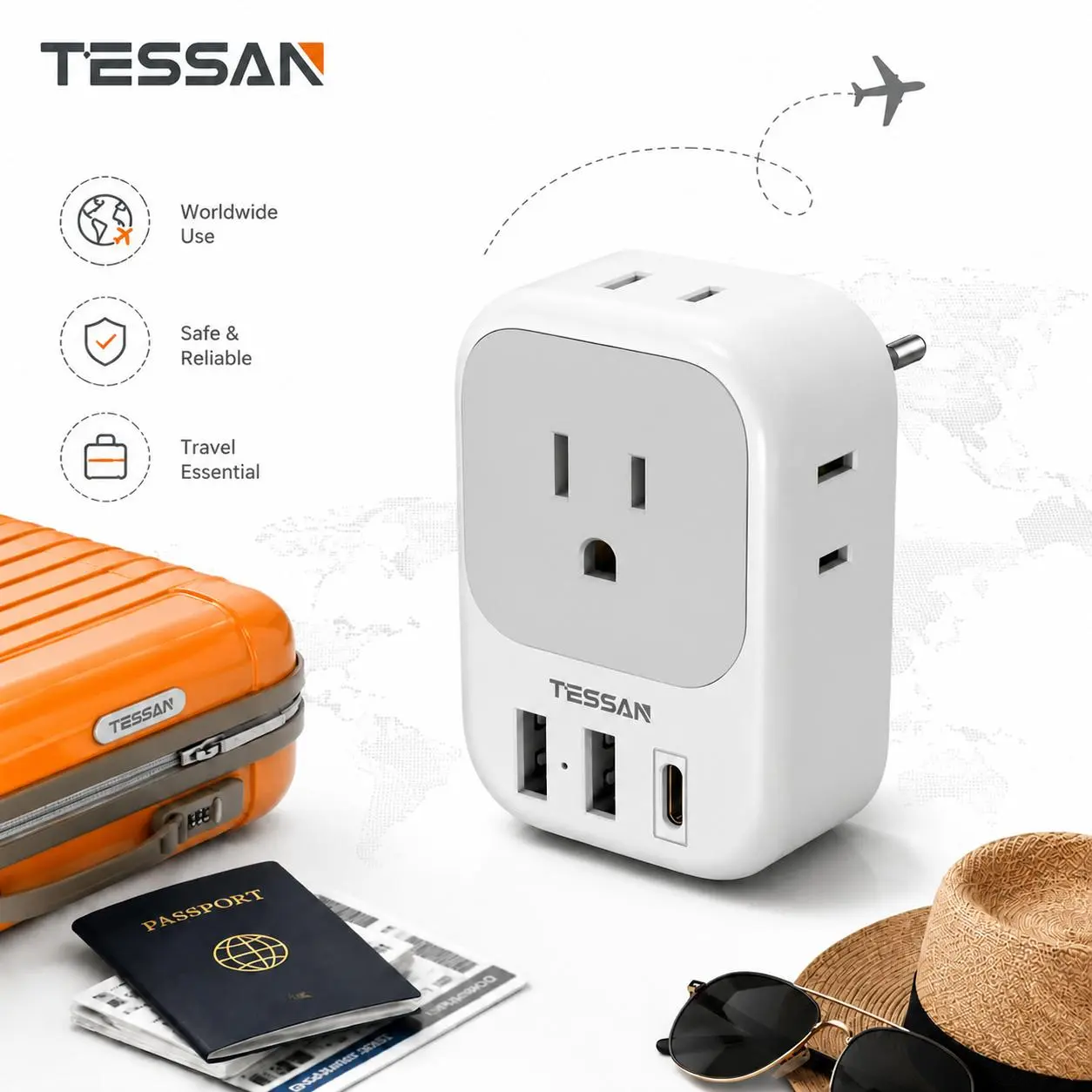 TESSAN International Travel Plug Adapter USB C, 4 AC Outlets & 3 USB Charging Ports, Power Adaptor for Europe, UK, South Africa, Germany, Italy, Japan & Australia