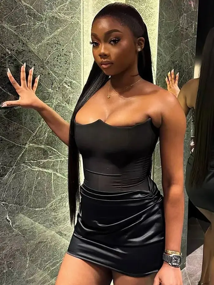 Women's Basic Patchwork Satin Feel Strapless Backless Halter Bodycon Mini Dress - Polyester Fabric, Minimalist Sleeveless, Fitted, Machine Washable, Easy Care, Going Out Party Wear Casual Dress