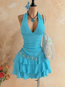 Light Blue Halter Multi-Layer Ruffle Cake Dress, Deep V Neck Design, Perfect for Beach, Vacation, Music Festivals
