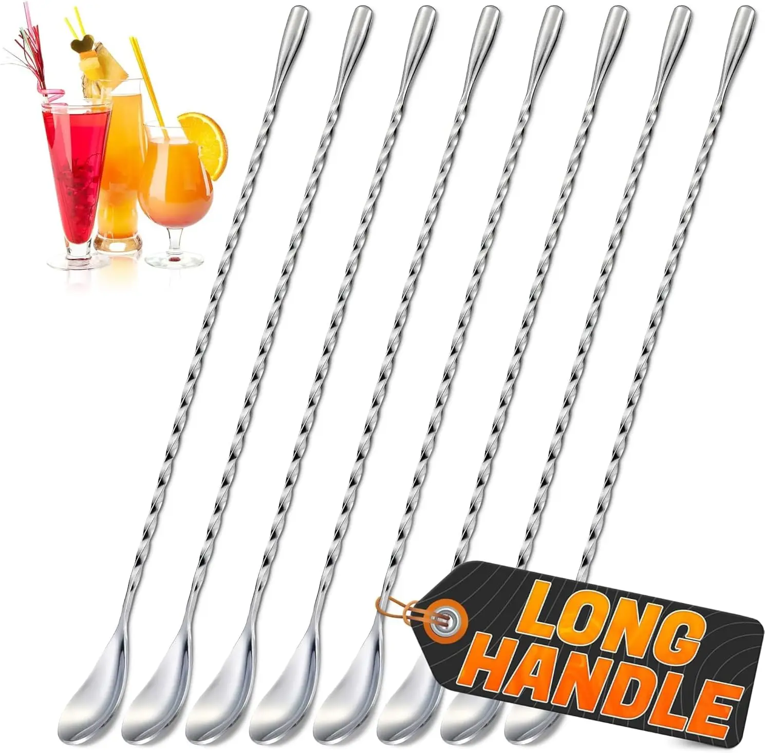 8 Pcs 12 Inch Bar Spoons Set, 304 Stainless Steel Cocktail Stirring Spoons with Twisted Spiral Handle, Long Drink Mixing Spoons for Coffee, Milkshakes, Smoothies, Home Bar & Commercial Use