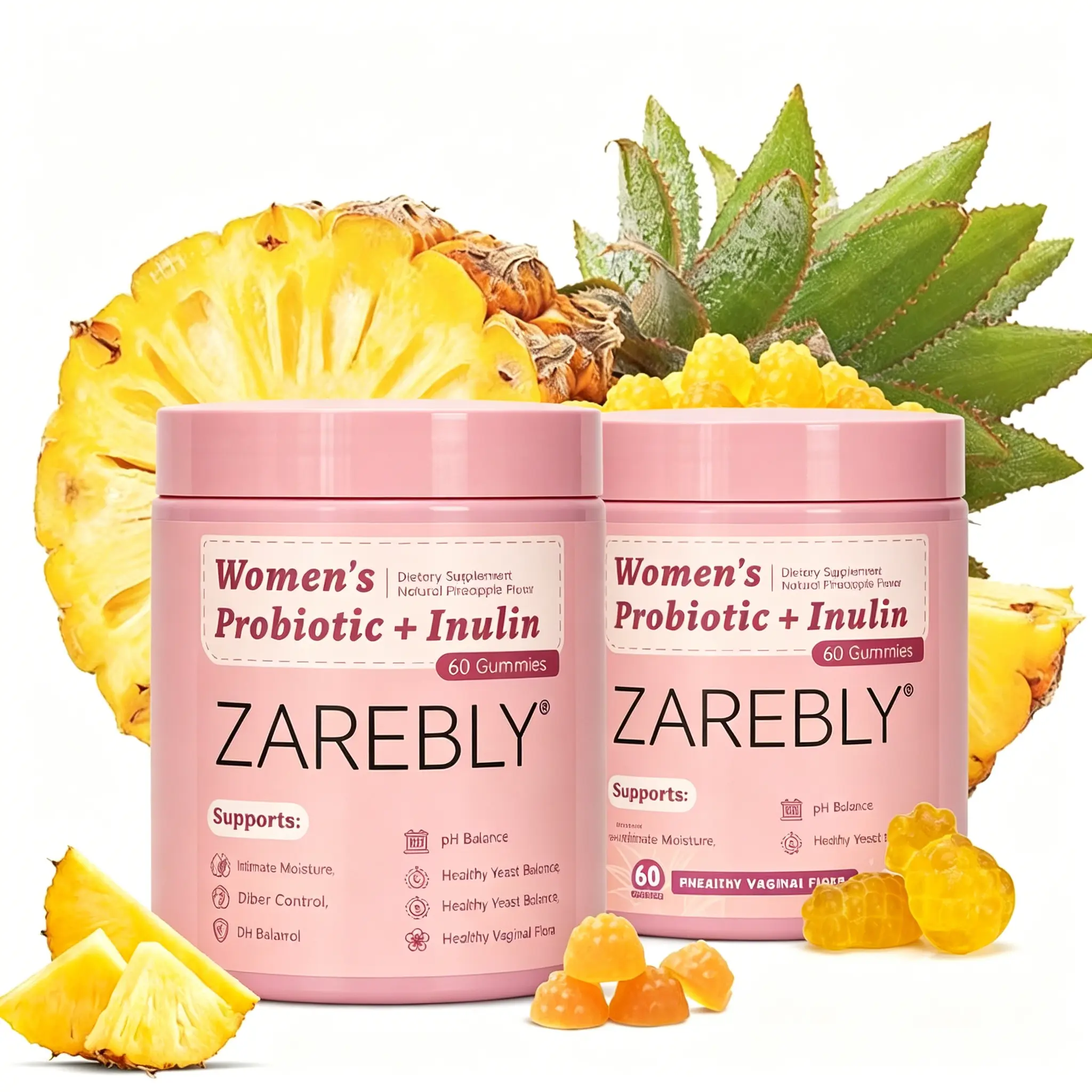 【2 Bottles】ZAREBLY  Her Juicy Feminine Probiotics Gummies- with and Prebiotics&Lactobacillus Probiotic Blend for Women’s pH Balance and Dryness - Hawaiian Pineapple Gummies 60 Count probiotics women Female Wellness Sleep support yeast