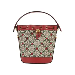 Women's Tory Burch Mini Bucket Bag - TB T Print Monogram Embroidered Canvas, Polished Metal Accents, Secure Closure, Mini Size