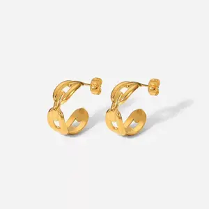 18K Gold Plated Classic Coffee Bean Chain Hoop Earrings for Women - C Shape