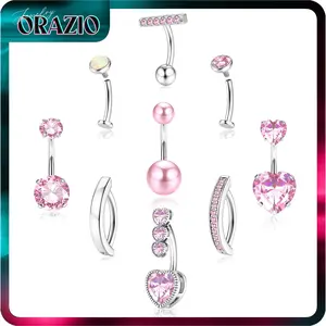 ORAZIO Gold Belly Button Ring Pack - 9Pcs Hypoallergenic Surgical Steel CZ Opal & Pearl Clicker Floating Navel Piercing Jewelry for Women Comfortable 14G Bar Length