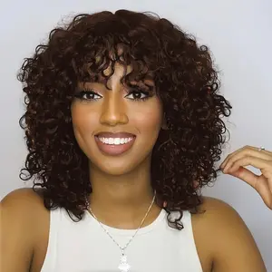 ShowReal Six Colors Wear And Go 12 Inch Short Curly 200% Density Thick Human Hair Full Machine Wig - Jerry Curly Wig with Bangs, Glueless For Women