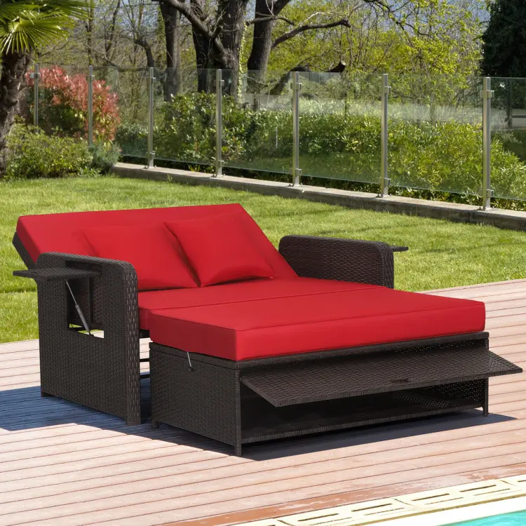 COSTWAY Wicker Patio Outdoor Daybed, Outdoor Chaise Lounger w/ 4-Level Adjustable Backrest, Retractable Side Trays, Storage Ottoman, Comfortable & Removable Cushions, Rattan Loveseat- COSTST