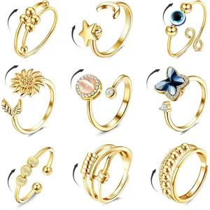 9Pcs Gold Plate Fidget Spinner Rings for Anxiety & Nail Biting Adjustable Open Ring Set Women Stress Relief Cute Jewelry Gift
