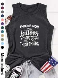 Women's Letter Print Round Neck Tank Top, Summer Clothes Women, Casual Sleeveless Crew Neck Top for Summer, Women's Top for Daily Wear