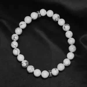 Protection & Calming Bracelets. White Howlite 8 mm Bead Stretchy Bracelet with Versatile Spacers for Everyday Wear. Crystal Fashionable Jewelry