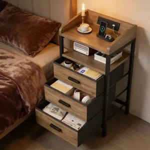 2-Pack Bedside Cabinet Night Stand Set, Compact Indoor Furniture End Tables with USB Charging Station, Light, 3 Fabric Drawers, 2 USB Ports, Power Outlets, Stable Base, Sturdy Metal Frame, Easy Assembly for Bedroom