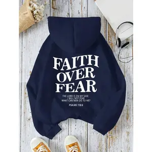 Casual Women's Hoodies Faith Over Fear Letter Printing Sweatshirts Fleece Warm Comfortable Pocket Pullovers Autumn Streetwear