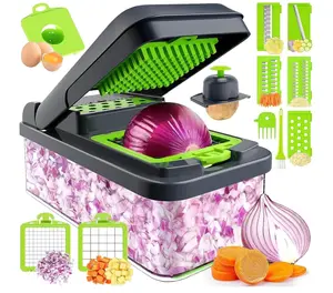 12-in-1 Vegetable Chopper, 7 Blade Veggie Chopper, Practical Food Chopper with Container, Cheese Grater, Home Essentials & Kitchen Gadgets