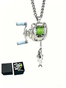 Mini Fishing Reel Necklace, Rotating Handle, Detachable Line Ring, Portable Bait Pendant, Fisherman Gift, Cuban Chain, Street Style, Fashion Necklace