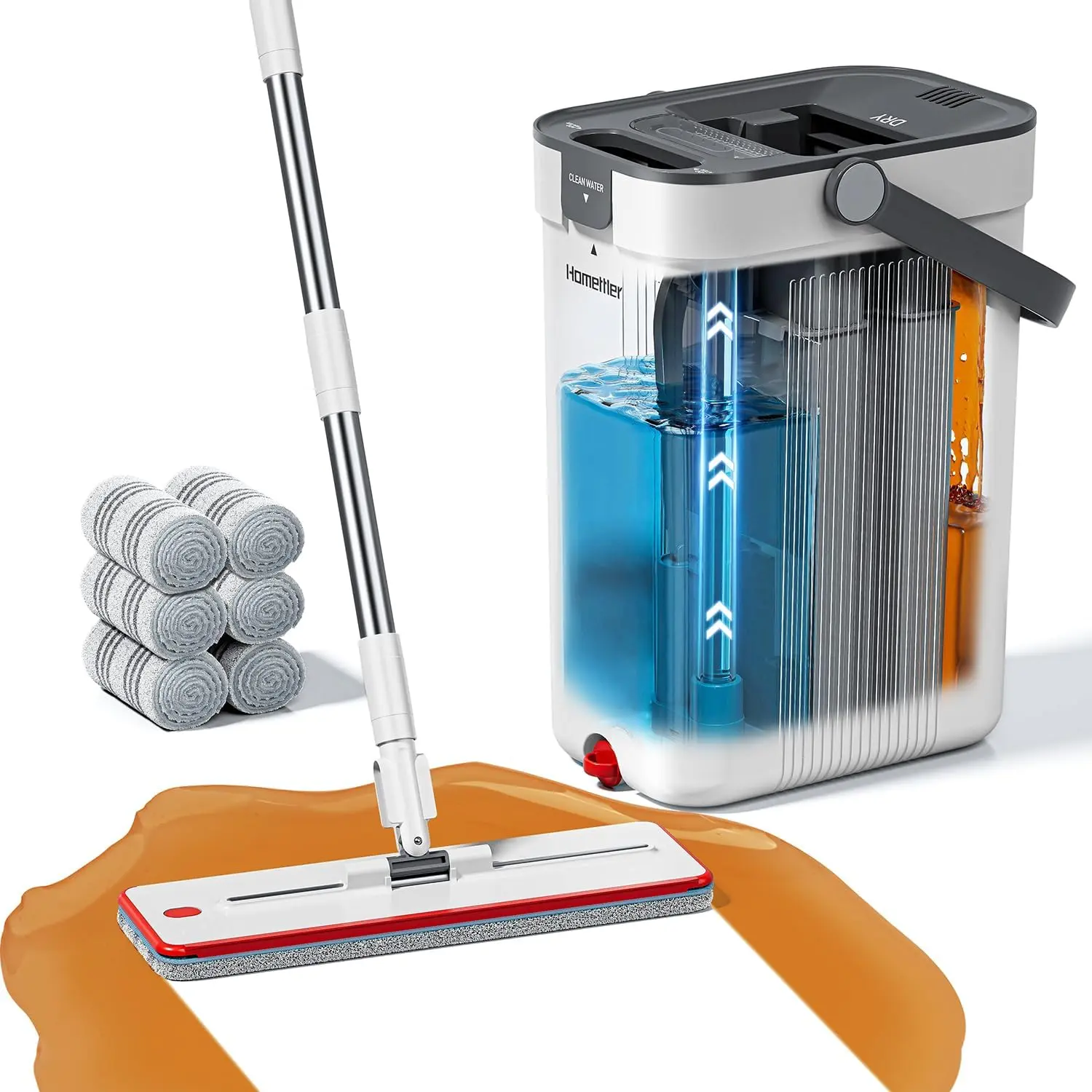 Homettler   Stainless Steel Lightweight Flat Mop and Bucket Set - 3-Compartment System with Separate Dirty/Clean Water, Wall &  Wet/Dry Cleaner,l B Microfibre Mops cleaning hard pet hair dusting perfect christmas gift replacement,  Clean Floors Solution
