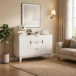 Modern Fluted Sideboard Buffet Cabinet, a Versatile 47" Storage Cupboard with 3 Drawers and Adjustable Shelves, Designed for Functional Use in The Kitchen, Dining Room, or Entryway