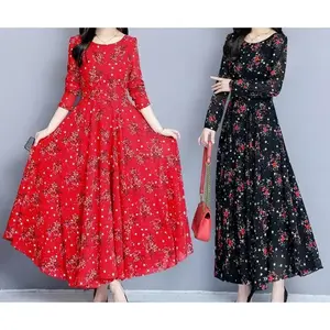 WOMEN'S Spring and Autumn new women dress 2025 temperament printed large swing long sleeve round loose waist slimming dress