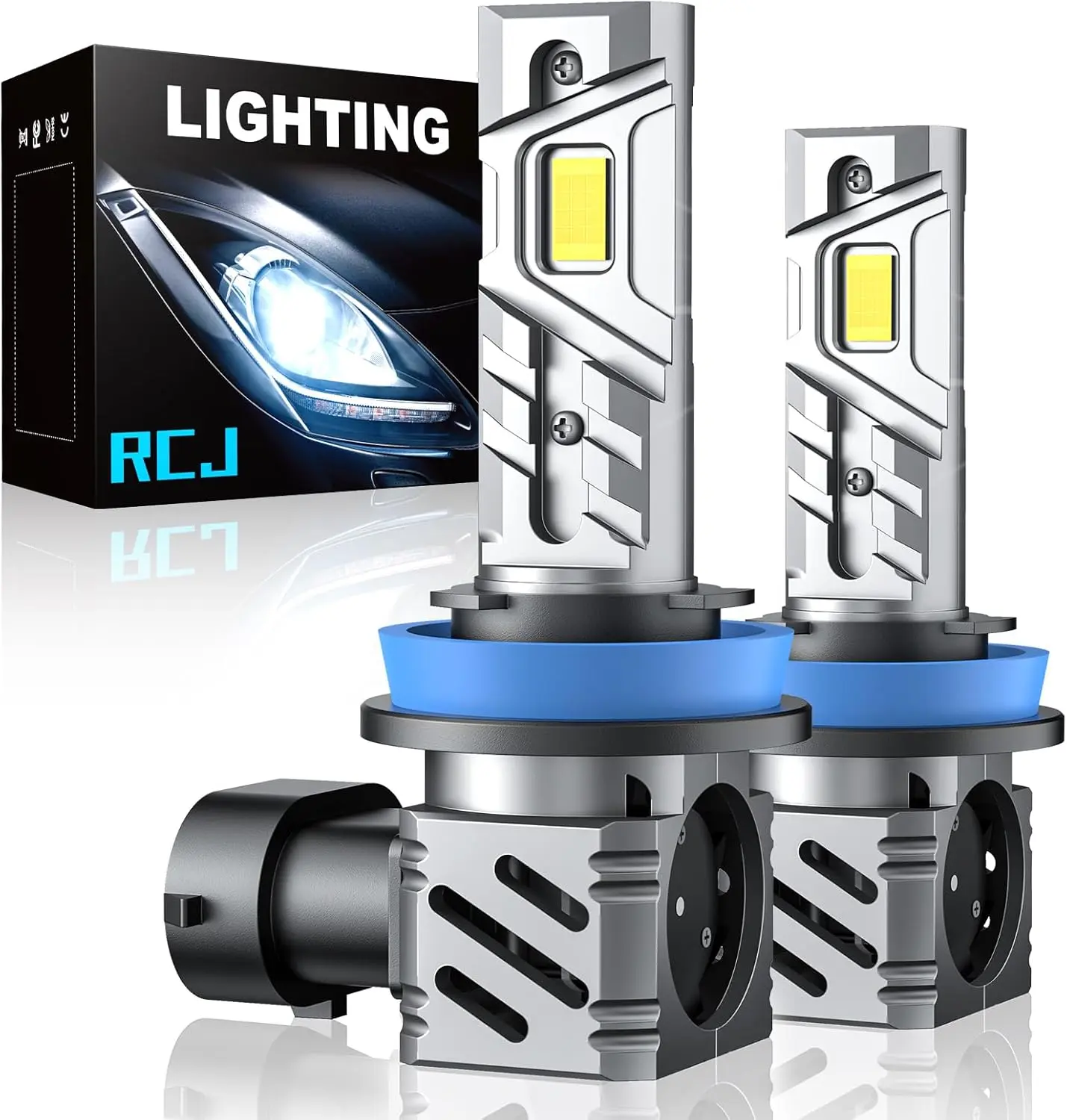 Rimthin RCJ H11/H8/H9 fog light bulbs, 1:1 size, 35000LM brightness, 6000K cool white, 13000RPM fan, plug and play, pack of 2