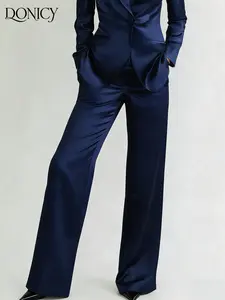 Women's Solid Satin High-Waisted Suit Wide-Leg Long Pants, Elegant Formal Glossy Satin Texture, Ideal for Office, Evening Events, Brunch, Casual Occasions