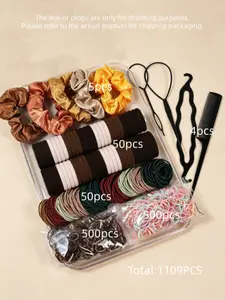 1109pcs Women's Dark Hair Accessories, Elastic Headbands, Seamless Ponytail Elastics, Simple Style, Disposable Rubber Bands, No Box, Elastic Hair Accessory