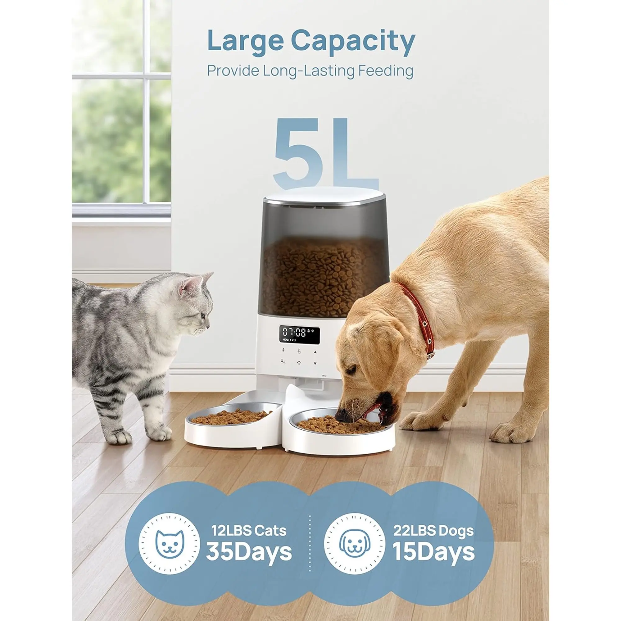 Automatic Cat Feeder for Cats & Small Dogs, 5L/21Cups Capacity, Auto Timing, 6 Daily Meals, 48 Portions, Double Control Bowls, 10s Meal Call, Memory Function
