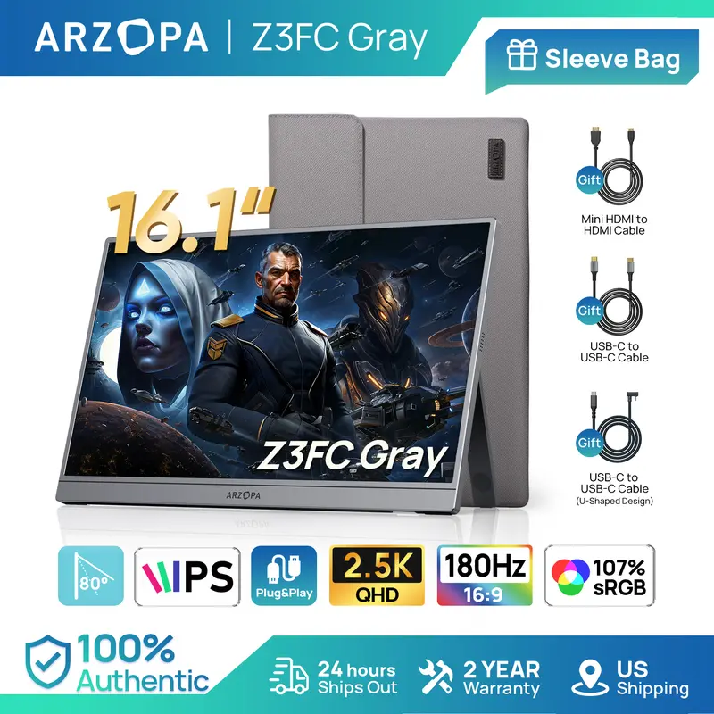 [NEW] ARZOPA 16.1" 180Hz 2.5K Portable Gaming Monitor 107% sRGB 2560x1440 QHD 1080P Ultra Slim External Second Screen for Laptop PC PS5 Mac Xbox with Built-in KickStand & Dual Speakers