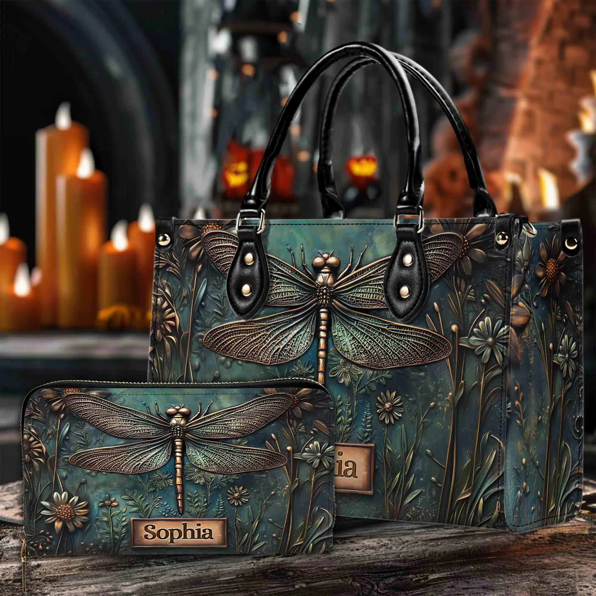 Personalized Dragonfly Leather Handbag for Women, Custom Name PU Leather Tote Bag, Vintage Dragonfly Floral Purse, Nature Inspired Shoulder Bag, Botanical Handbag, Everyday Fashion Bag, Birthday Gift for Her, Mother's Day Gift