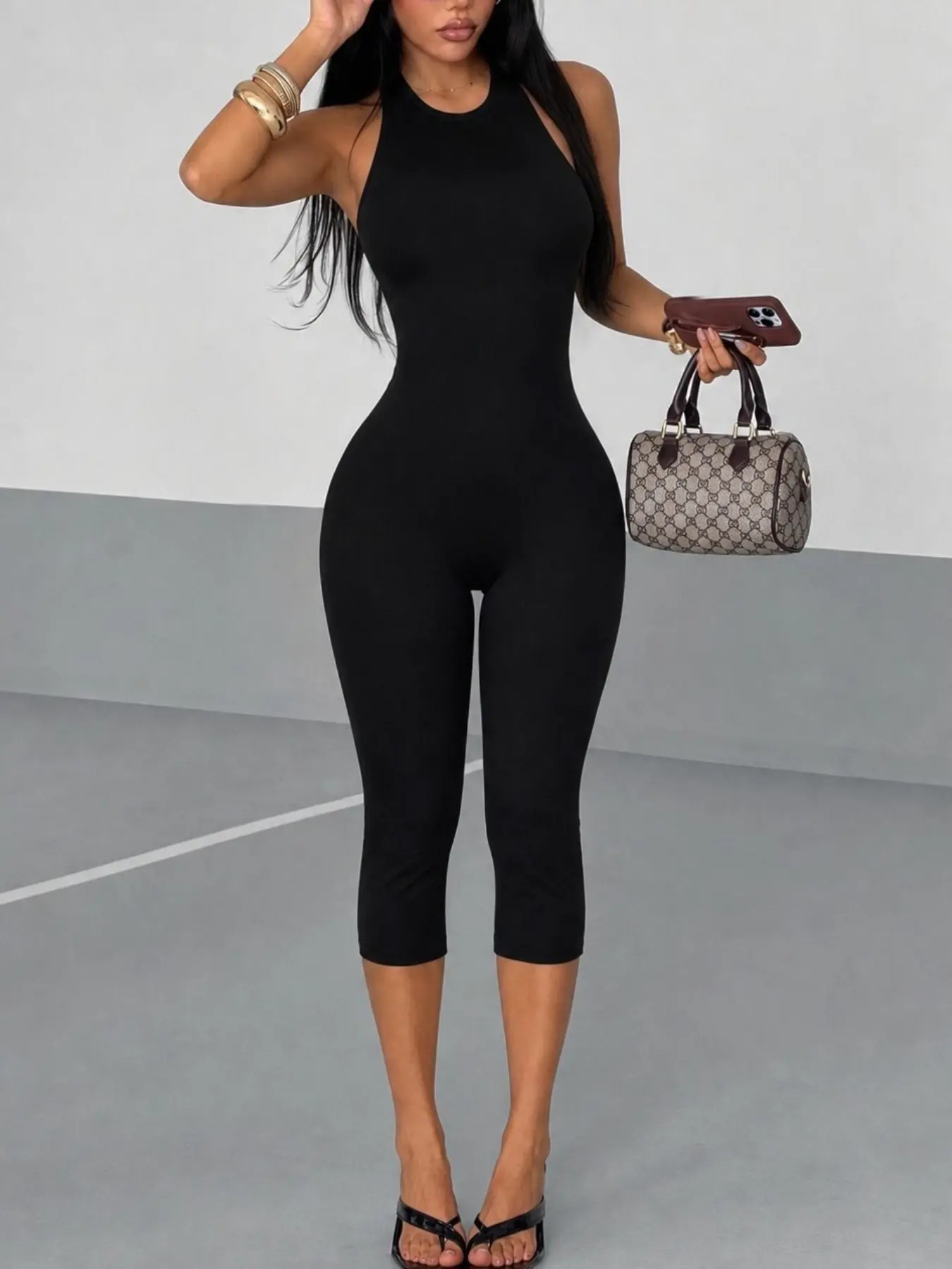 Women Black Halter Neck Sleeveless Jumpsuit Slim Fit Capri Length Form Fitted Playsuit Casual Daily Summer Wear Elegant Chic All-in-One Outfit Style