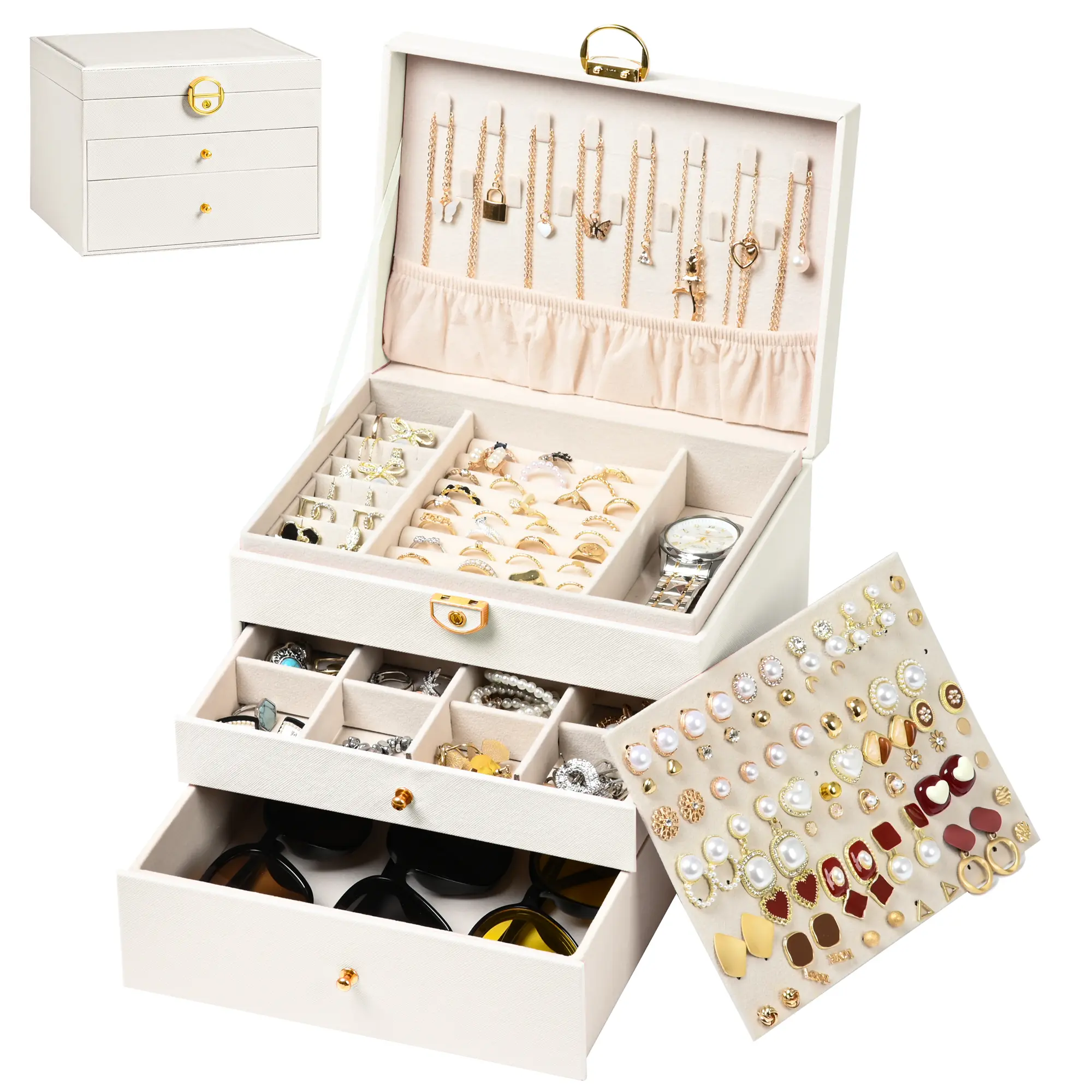 Somduy 3-Tier PU Leather key lock Jewelry Box - Multi-Compartment trinket box Organizer with Earring Board, Drawers - Women's Vanity Desk Accessory Holder Gift for women
