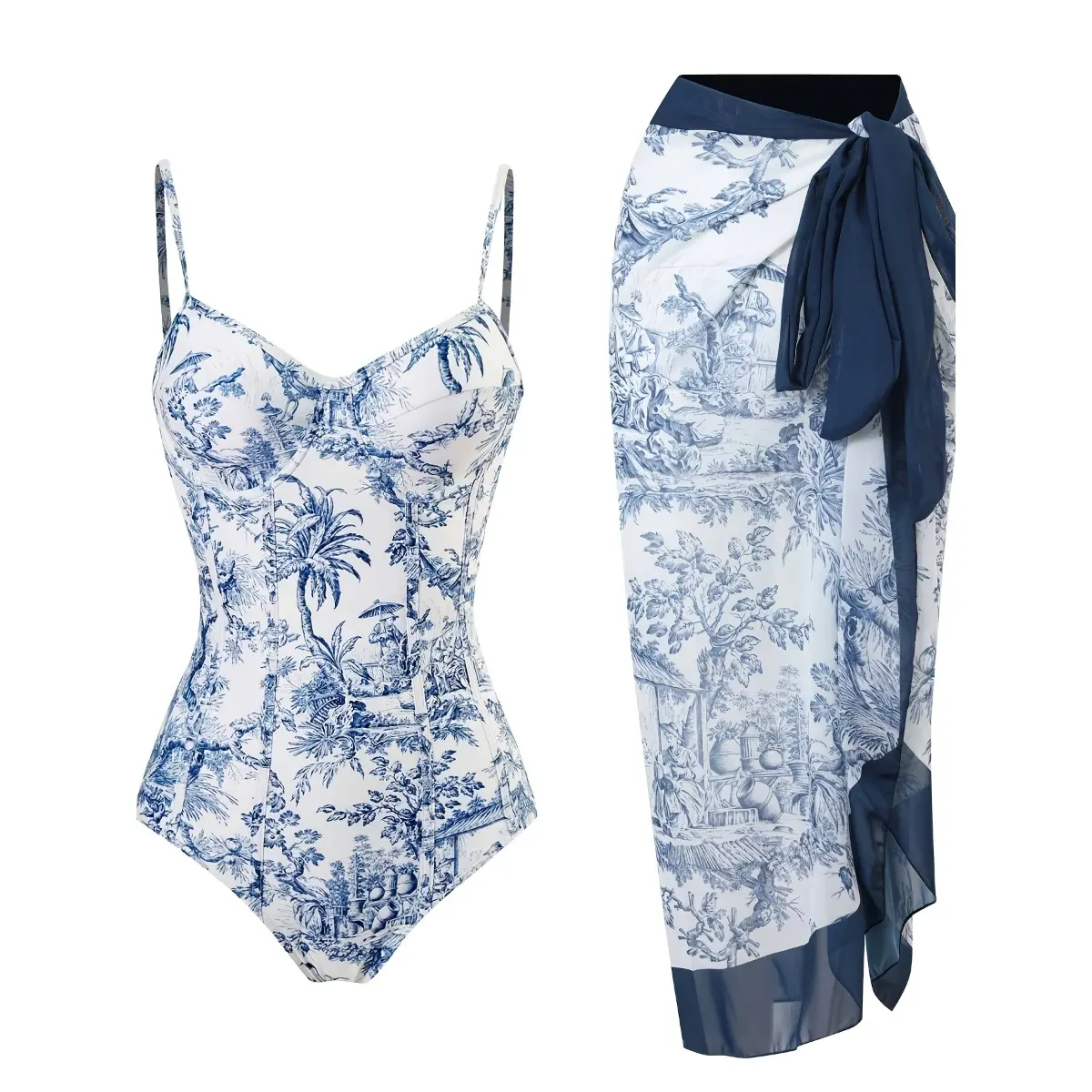 2026 New 2-Piece Women Bikini Set Push Up Floral Printed Ruffle Bikinis Strappy Bandage Swimwear Brazilian Biquini Bathing Suit,Sweetheart Neckline Corset Style Bathing Suit with Matching Chiffon Sarong Cover-Up,Summer Vibes